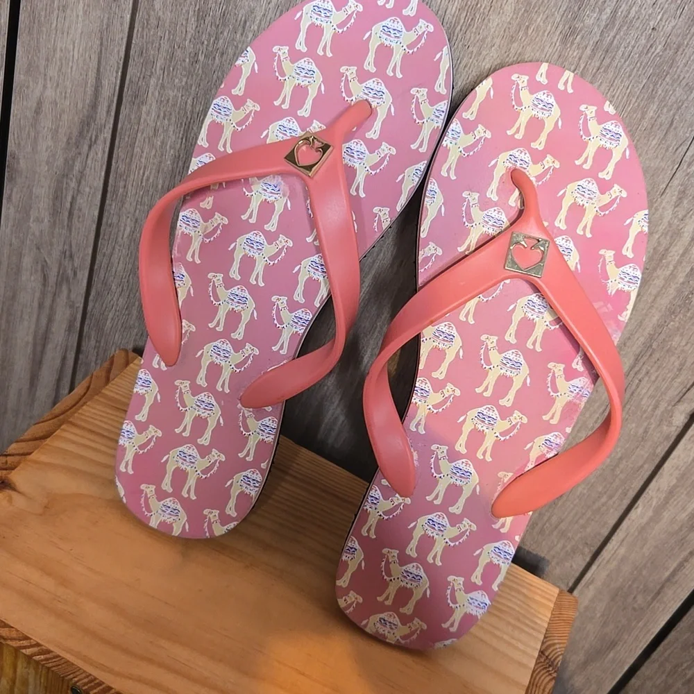 Kate Spade Pink Flip Flops with camel Print